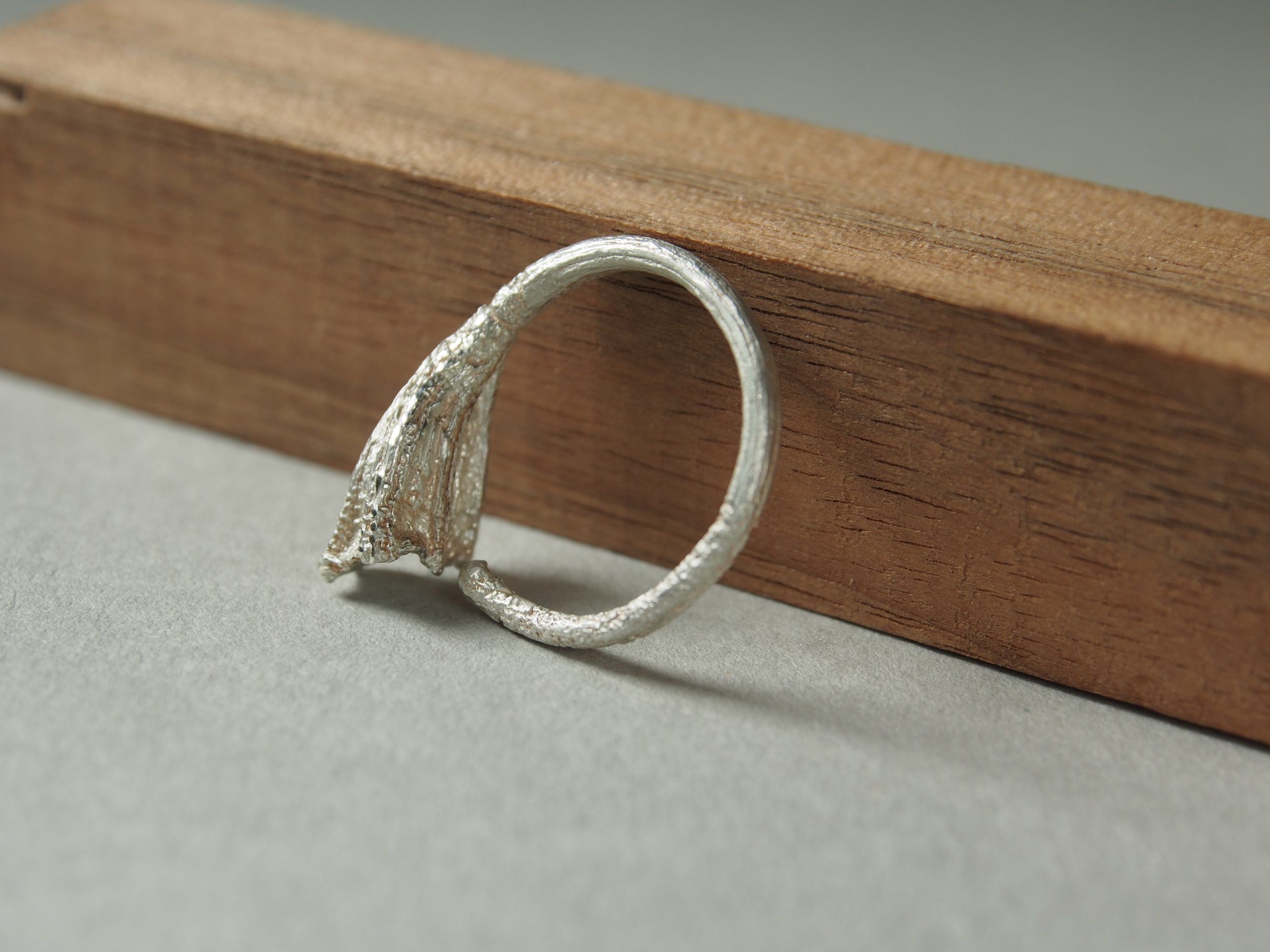 Anillo abierto de plata Rastros visto de frente