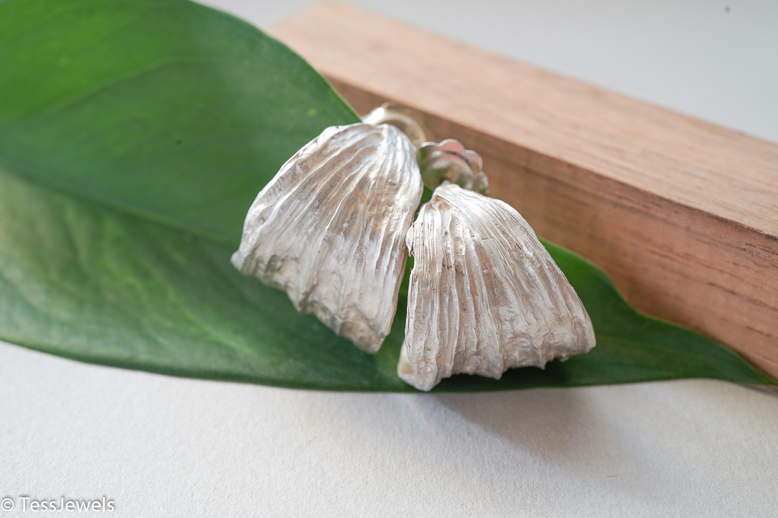 Pendientes Hoja de Orquídea · Aro Ancho 3 Detalle de pendientes artesanales de plata con hoja de orquídea real