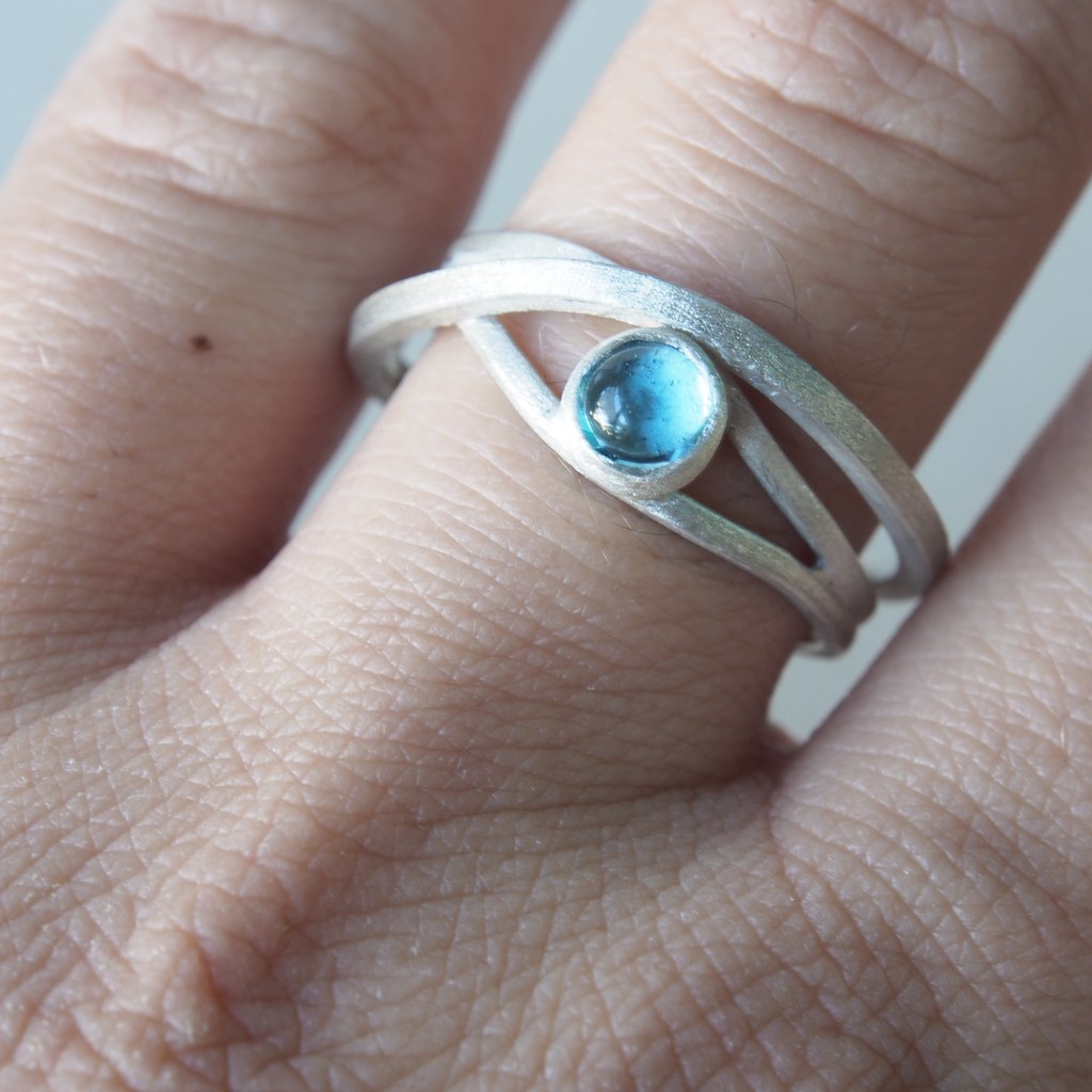 Anillo Etapas de plata con topacio azul puesto en el dedo